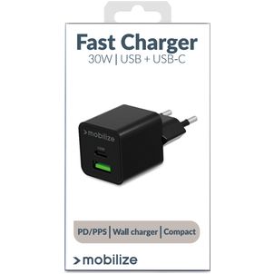 Mobilize Dual USB / USB-C Oplader Power Delivery 30W - Zwart