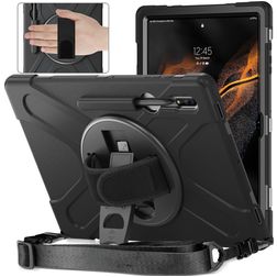 Mobigear SureGrip XGuard Samsung Galaxy Tab S8 Ultra Hoes Hard Kunststof,Siliconen Backcover + Stylus Houder + Schouderband + Standaard - Zwart