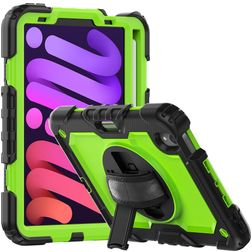 Mobigear SureGrip Xtreme iPad Mini 7 (2024) Hoes Hard Kunststof,Siliconen Backcover + Stylus Houder + Schouderband + Standaard - Zwart / Groen