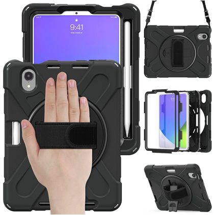 Mobigear SureGrip XGuard iPad Mini 7 (2024) Hoes Hard Kunststof,Siliconen Backcover + Stylus Houder + Schouderband + Standaard - Zwart