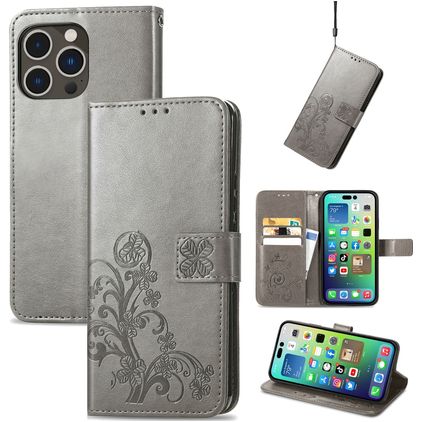Mobigear Clover iPhone 15 Pro Hoesje Bookcase Portemonnee - Grijs
