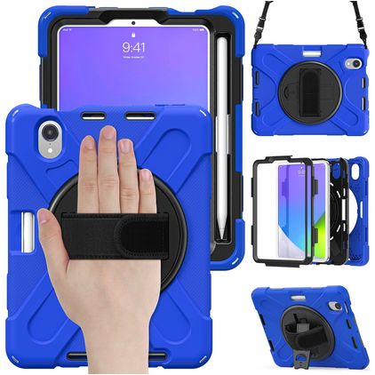 Mobigear SureGrip XGuard iPad Mini 6 (2021) Hoes Hard Kunststof,Siliconen Backcover + Stylus Houder + Schouderband + Standaard - Blauw