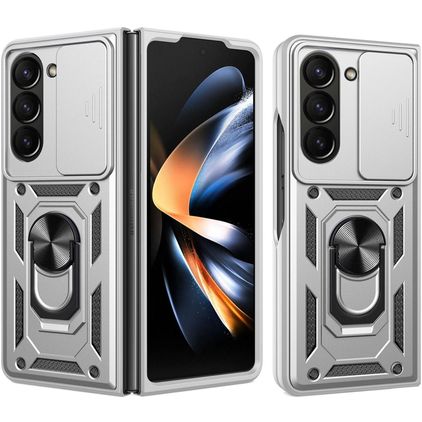 Mobigear Armor Ring Cam Slide Samsung Galaxy Z Fold 7 Hoesje Hardcase Backcover Shockproof met Ringhouder en Camera Slider - Zilver