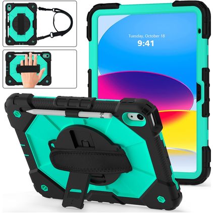 Mobigear SureGrip Xtreme iPad 10 (2022) Hoes Hard Kunststof,Siliconen Backcover + Stylus Houder + Schouderband + Standaard - Zwart / Turquoise