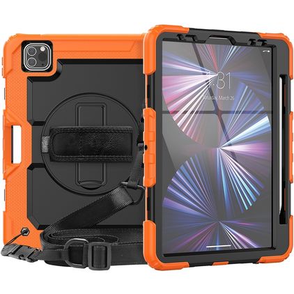 Mobigear SureGrip Xtreme iPad Air 11 Inch (2026) Hoes Hard Kunststof,Siliconen Backcover + Stylus Houder + Schouderband + Standaard - Oranje