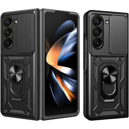 Mobigear Armor Ring Cam Slide Samsung Galaxy Z Fold 7 Hoesje Hardcase Backcover Shockproof met Ringhouder en Camera Slider - Zwart