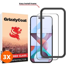 GrizzlyCoat Easy Fit iPhone 15 Pro Glazen Screenprotector - Case Friendly + Installatie Frame - Zwart (3-Pack)