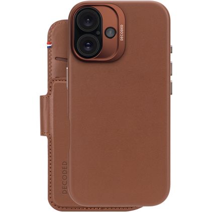 Decoded Detachable Wallet iPhone 16 MagSafe Hoesje Echt Leer Uitneembare 2in1 Bookcase Portemonnee - Tan