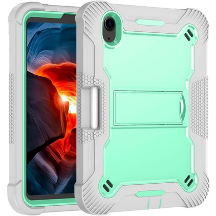 Mobigear ShieldStand iPad Mini 7 (2024) Hoes Hard Kunststof,Siliconen Backcover + Stylus Houder + Standaard - Grijs / Turquoise