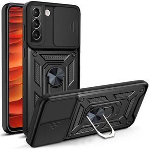 Mobigear Armor Ring Cam Slide Samsung Galaxy S22 Hoesje Hardcase Backcover Shockproof met Ringhouder en Camera Slider - Zwart