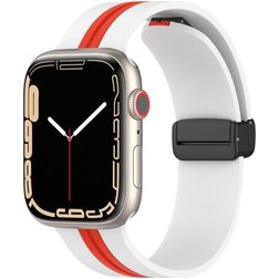 Mobigear Stripe Mag Siliconen Apple Watch Bandje Magneetsluiting - 49/46/45/44 mm - Wit / Rood