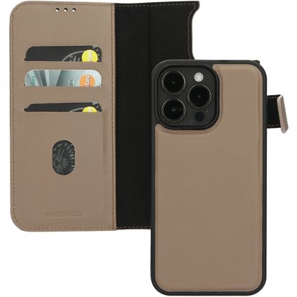 Mobiparts iPhone 15 Pro Max MagSafe Hoesje Echt Leer Uitneembare 2in1 Bookcase Portemonnee - Taupe