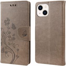 Mobigear Flowers iPhone 14 Hoesje Bookcase Portemonnee - Grijs
