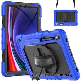 Mobigear SureGrip Xtreme Samsung Galaxy Tab S9 FE Hoes Hard Kunststof,Siliconen Backcover + Stylus Houder + Schouderband + Standaard - Donkerblauw