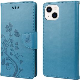 Mobigear Flowers iPhone 14 Hoesje Bookcase Portemonnee - Blauw