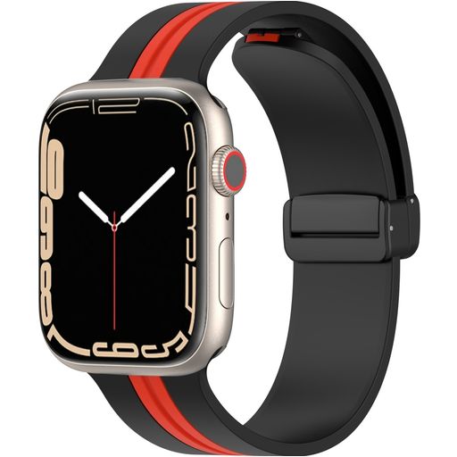 Mobigear Stripe Mag Siliconen Apple Watch Bandje Magneetsluiting - 42/41/40/38 mm - Zwart / Rood