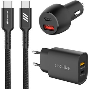 Mobigear Essentials Oplader + Autolader + USB-C Kabel 1 Meter Power Delivery 48W - Zwart