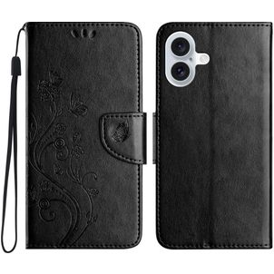 Mobigear Flowers iPhone 16 Hoesje Bookcase Portemonnee - Zwart
