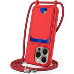 Mobigear Lanyard Card iPhone 16 Pro Max Siliconen Hoesje met koord en Pasjeshouder - Rood