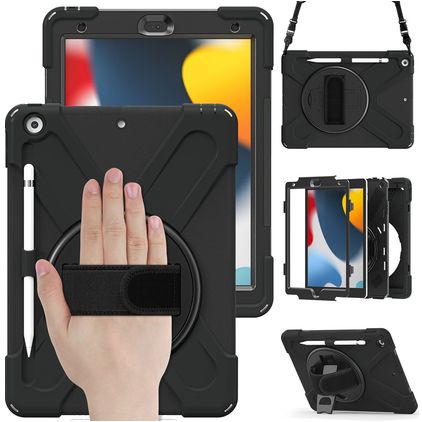 Mobigear SureGrip XGuard iPad 8 (2020) Hoes Hard Kunststof,Siliconen Backcover + Stylus Houder + Schouderband + Standaard - Zwart