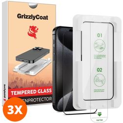 GrizzlyCoat AlignPro iPhone 15 Pro Glazen Screenprotector - Case Friendly + Installatie Frame - Zwart (3-Pack)