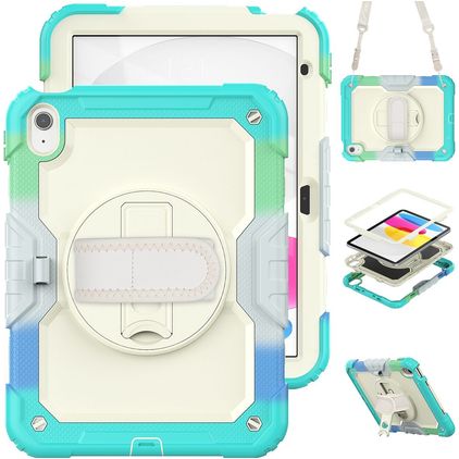 Mobigear SureGrip Xtreme iPad 11 (2025) Hoes Hard Kunststof,Siliconen Backcover + Schouderband + Standaard - Wit / Turquoise