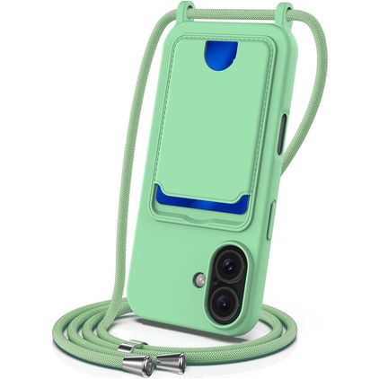 Mobigear Lanyard Card iPhone 16 Plus Siliconen Hoesje met koord en Pasjeshouder - Groen