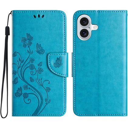 Mobigear Flowers iPhone 16 Plus Hoesje Bookcase Portemonnee - Blauw