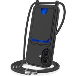 Mobigear Lanyard Card iPhone 16 Siliconen Hoesje met koord en Pasjeshouder - Zwart