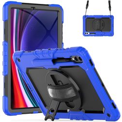 Mobigear SureGrip Xtreme Samsung Galaxy Tab S9 FE Plus Hoes Hard Kunststof,Siliconen Backcover + Stylus Houder + Schouderband + Standaard - Donkerblauw