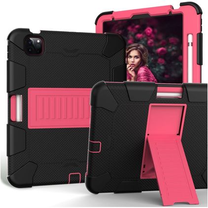 Mobigear ShieldStand iPad Air 5 (2022) Hoes Hard Kunststof,Siliconen Backcover + Stylus Houder + Standaard - Zwart / Roze