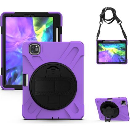 Mobigear SureGrip XGuard iPad Pro 11 Inch (2021) Hoes Hard Kunststof,Siliconen Backcover + Stylus Houder + Schouderband + Standaard - Zwart / Paars