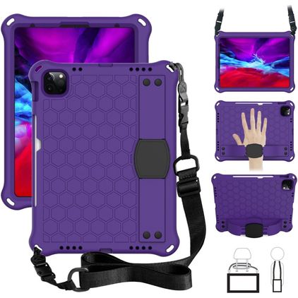 Mobigear HexStrap iPad Air 5 (2022) Hoes Hard Kunststof,EVA Schuim Backcover + Stylus Houder + Schouderband + Standaard - Paars