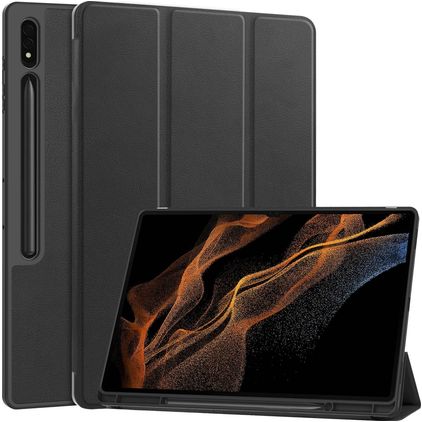 Mobigear Tri-Fold Gel Samsung Galaxy Tab S9 Ultra Hoes TPU,Kunstleer Bookcase + Stylus Houder - Zwart