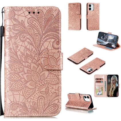 Mobigear Flowers iPhone 12 Mini Hoesje Bookcase Portemonnee - Roségoud