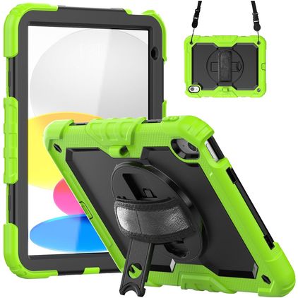 Mobigear SureGrip Xtreme iPad 10 (2022) Hoes Hard Kunststof,Siliconen Backcover + Schouderband + Standaard - Zwart / Groen