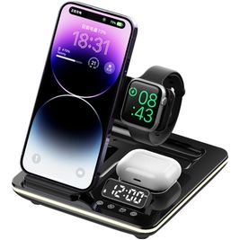 Mobigear AlarmDock Qi Laadstation voor Telefoon / AirPods en Apple Watch met Wekker - Zwart