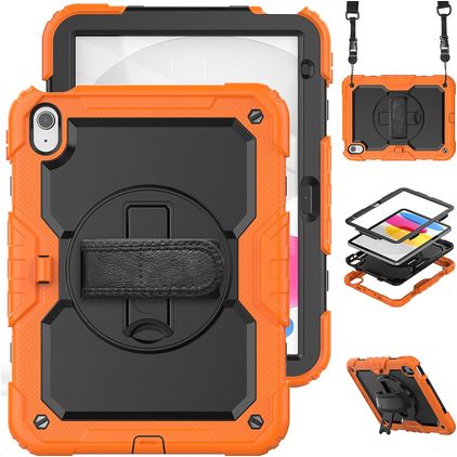 Mobigear SureGrip Xtreme iPad 10 (2022) Hoes Hard Kunststof,Siliconen Backcover + Schouderband + Standaard - Zwart / Oranje