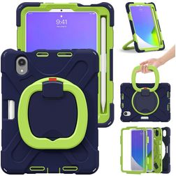Mobigear RingGuard iPad Mini 7 (2024) Hoes Hard Kunststof,Siliconen Backcover + Stylus Houder + Schouderband + Standaard - Blauw / Groen