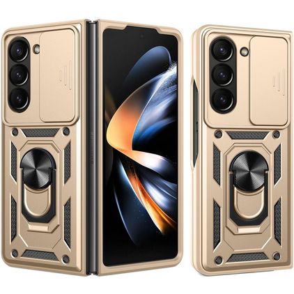 Mobigear Armor Ring Cam Slide Samsung Galaxy Z Fold 7 Hoesje Hardcase Backcover Shockproof met Ringhouder en Camera Slider - Goud