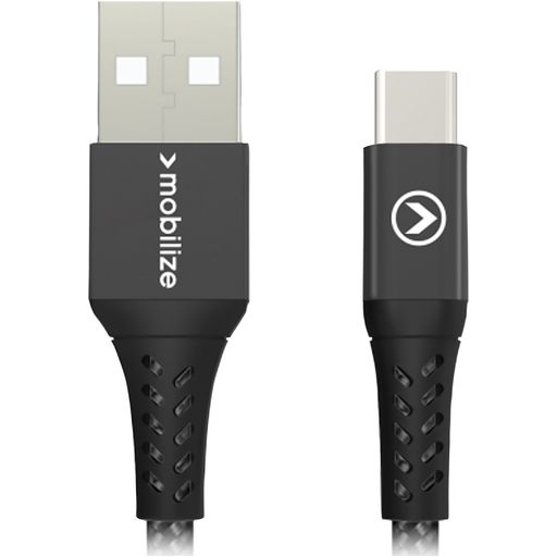 Mobilize Strong Nylon USB-A naar USB-C Kabel 0.2 Meter - Zwart