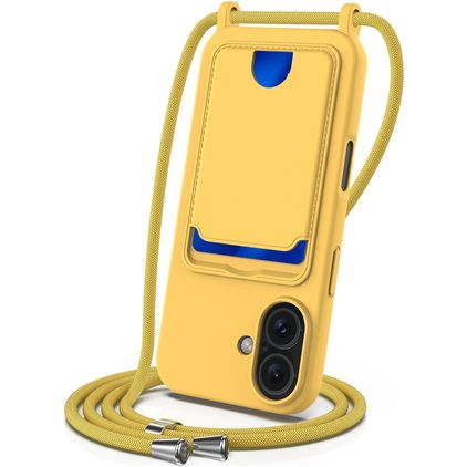 Mobigear Lanyard Card iPhone 16 Siliconen Hoesje met koord en Pasjeshouder - Geel