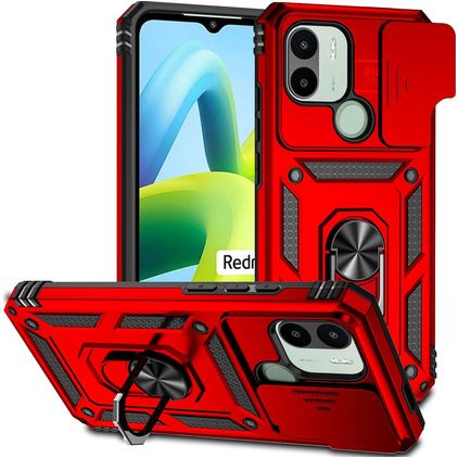 Mobigear Armor Ring Cam Slide Xiaomi Redmi A1 4G Hoesje Hardcase Backcover Shockproof met Ringhouder en Camera Slider - Rood