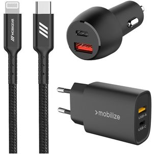Mobigear Essentials Oplader + Autolader + Apple Lightning Kabel 1 Meter Power Delivery 48W - Zwart