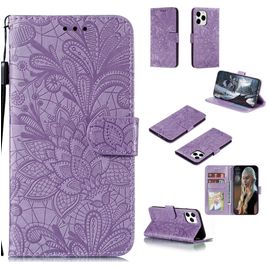 Mobigear Flowers iPhone 12 Hoesje Bookcase Portemonnee - Paars