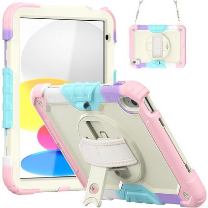 Mobigear SureGrip Xtreme iPad 11 (2025) Hoes Hard Kunststof,Siliconen Backcover + Schouderband + Standaard - Rainbow