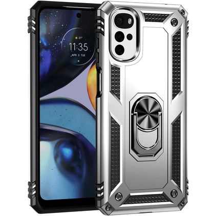 Mobigear Armor Ring Motorola Moto G22 Hoesje Hardcase Backcover Shockproof met Ringhouder - Zilver