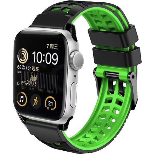 Mobigear Aero Armor Siliconen Apple Watch Bandje Gespsluiting - 49/46/45/44 mm - Zwart / Groen