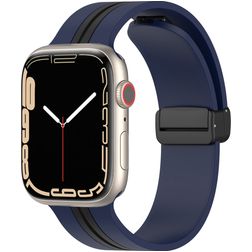 Mobigear Stripe Mag Siliconen Apple Watch Bandje Magneetsluiting - 49/46/45/44 mm - Zwart / Marineblauw