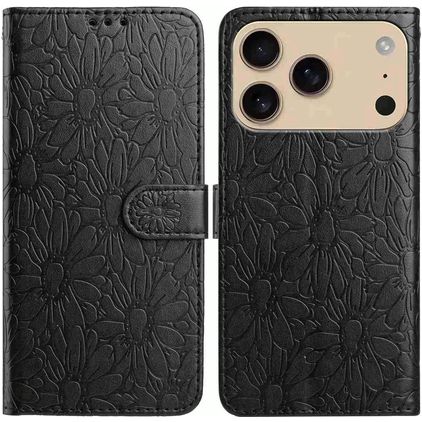 Mobigear Flowers iPhone 17 Pro Max Hoesje Bookcase Portemonnee - Zwart